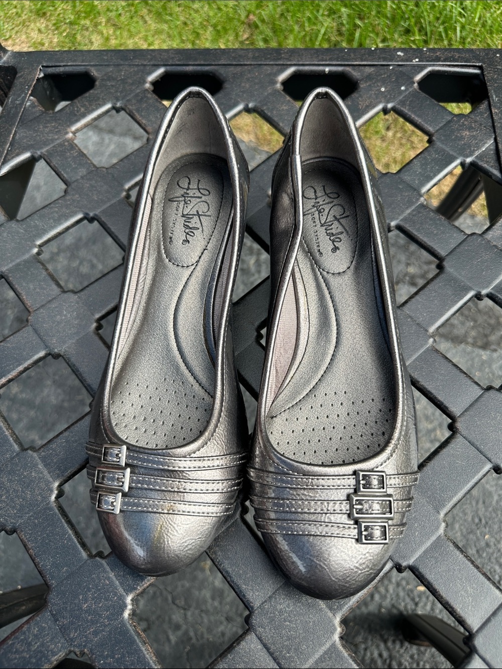 Life Stride Metallic Black Strap Ballet Flats